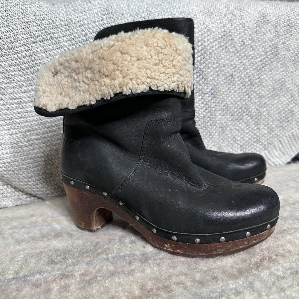 Black Leather Shearling Cuff Clog Boots